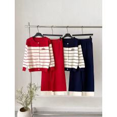 批发跨境 休闲套装女春季<b class='q'>新款</b>时尚条纹圆领针织开衫上衣阔腿裤