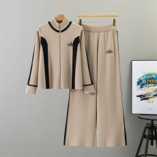 批发跨境 休闲拼色时尚套装女春秋拉链针织休闲运动阔腿裤两件套