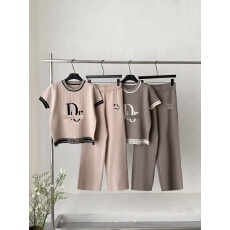 批发跨境夏季新款休闲提花字母针织衫套装女时尚短袖圆领上衣阔腿裤