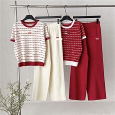 批发跨境<b class='q'>夏</b>季时尚套装女短袖圆领条纹针织上衣阔腿裤休闲百搭两件套潮