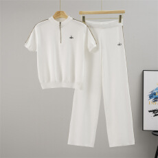 批发跨境 运动套装女装立领短袖条纹阔腿裤时尚减龄两件套