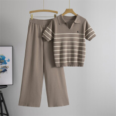 批发跨境 气质条纹拼接简约刺绣时尚针织套装百搭休闲两件套女