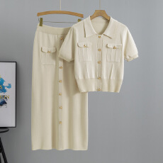 批发跨境 法式翻领小香风夏季女气质针织开<b class='q'>衫</b>上衣修身半身裙两件套