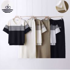 批发跨境 新款短袖针织衫半身裙套装女时尚休闲条纹上衣半身长裙