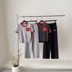 批发跨境 时尚条纹针织休闲套装女上衣阔腿裤两件套