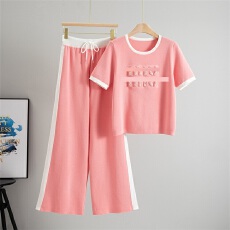 批发跨境 名媛气质<b class='q'>夏</b>季新款女套装短袖时尚钉珠针织衫上衣+高腰休闲长