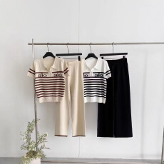 批发跨境 新款韩版宽松polo领简约百搭短袖针织上衣阔腿裤两件