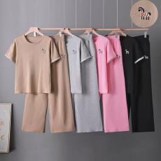 批发跨境 春夏季新款圆领短袖小马刺绣针织T恤百搭<b class='q'>休闲</b>阔腿裤套装