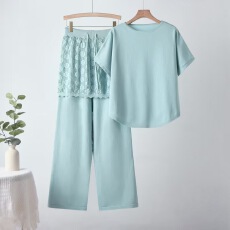 批发跨境 <b class='q'>夏</b>季新款气质休闲温柔风套装女宽松显瘦针织阔腿裤两件