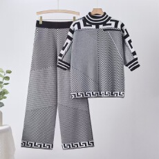 批发跨境 新款回纹提花针织套装女<b class='q'>夏</b>半高领中袖阔腿裤两件套