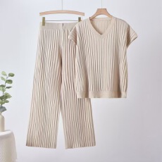 批发跨境 轻奢高级感针织套装女<b class='q'>夏</b> V 领蝙蝠袖阔腿裤两件套