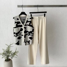 批发跨境 <b class='q'>夏</b>季新款甜酷风水墨纹针织套装女宽松显瘦阔腿裤两件套