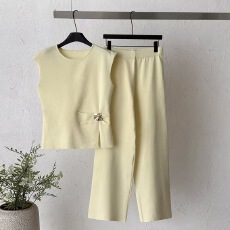 批发跨境 <b class='q'>夏</b>季新款金属扣收腰针织套装女<b class='q'>夏</b>圆领无袖阔腿裤两件套