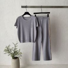 批发跨境 新款字母针织套装女烫钻短袖阔腿裤两件套百搭<b class='q'>通勤</b>时尚