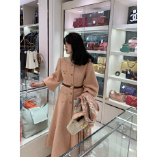 批发双C腰金丝编织收腰羊毛大衣赫本风裙摆式外套女冬