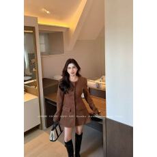 批发圆领中长款法式气质呢子<b class='q'>连衣裙</b>秋冬新款名媛夹棉西装毛呢外套女