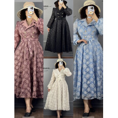 批发精品时尚款重工镂空绣花风衣领收腰连衣裙