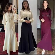 批发时尚重工精品工艺压褶手工钉珠多色拼接礼服鱼尾裙