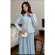 批发重工精品宫廷风手工钉珠后背系带压褶大摆裙时尚套装