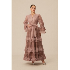 批发实拍专柜法式复古<b class='q'>宫廷</b>风镂空蕾丝拼木耳边喇叭袖收腰连衣