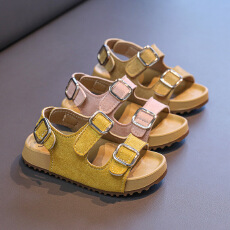 批发2025年<b class='q'>夏</b>男女童一脚蹬沙滩鞋金属双鞋扣儿童简约纯色款露趾小凉鞋