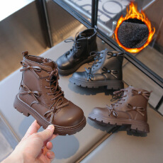 批发儿童加绒靴子2025<b class='q'>秋</b>冬新款女童蝴蝶结时尚软面中大童中筒靴保暖靴