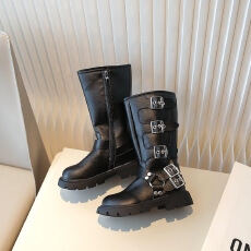 批发女童鞋子儿童长筒高筒长靴子2025<b class='q'>春</b>秋新款秋季小女孩黑色牛仔皮靴