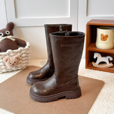 批发女童高筒靴2025<b class='q'>冬</b>季新款时尚简约字母皮靴韩版加绒保暖骑士长靴潮