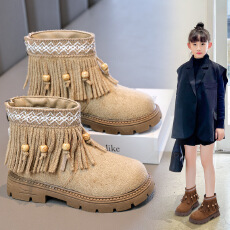 批发女童流苏公主短靴2025秋<b class='q'>冬</b>款串珠民族风加绒马丁靴儿童软底勃肯靴