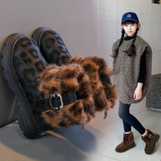 批发女童加绒棉靴2025新款<b class='q'>冬</b>季儿童豹纹毛毛口公主短靴厚底保暖马丁靴