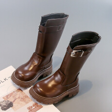 批发加绒保暖长筒靴2025年冬季爆款纯色皮面女宝宝复古长靴二棉骑士靴