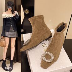 批发黑色方头短靴<b class='q'>女</b>2025冬新款方扣水钻弹力袜靴子粗跟瘦瘦靴<b class='q'>女</b>靴子