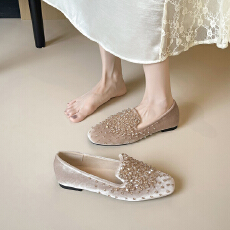 批发复古名媛风水钻一脚蹬乐福鞋女<b class='q'>夏</b>季配裙子浅口平底单鞋大码豆豆鞋