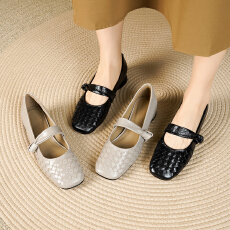 批发羊皮版法式编织单鞋女<b class='q'>夏</b>通勤软底巨好看配裙子平底不累脚玛丽珍鞋