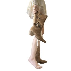 批发复古西部牛仔靴女粗跟中筒靴子百搭<b class='q'>英伦</b>风马丁靴磨砂皮骑士靴