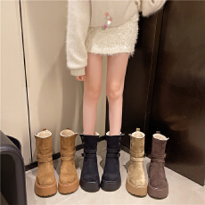 批发<b class='q'>英伦</b>风松糕厚底中筒靴子女2025秋冬季新款保暖皮带扣女士雪地靴子