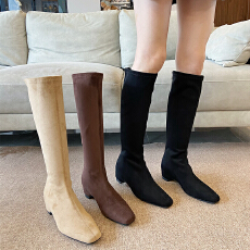 批发小众方头复古2025秋冬百搭长靴单靴小裸靴西部牛仔靴高跟靴