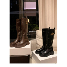 批发葡萄妈秋冬新款增高5cm~圆头厚底粗跟金属扣带侧拉链长筒骑士靴女