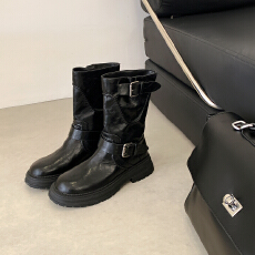 批发葡萄妈秋冬新款英黎<b class='q'>街头</b>~ 水洗马皮酷飒圆头英伦皮带扣厚底骑士靴