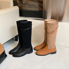 批发焦糖栗子~皮带扣复古高筒西部靴女绒面圆头低跟骑士长靴中筒靴