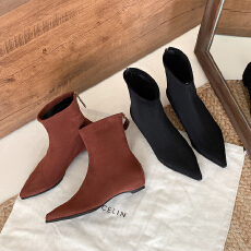 韩版复古内增高尖头后拉链单靴短筒时装切尔西靴女粗跟真皮裸靴子