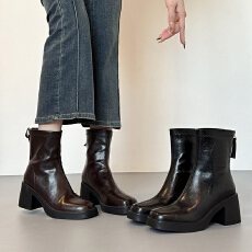 批发软皮版增高加绒短靴女小个高跟鞋粗跟马丁靴子法式方头瘦瘦靴方头