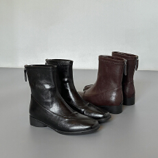 批发羊皮法式气质简约方头低跟瘦瘦靴时尚复古真皮百搭后拉链短靴