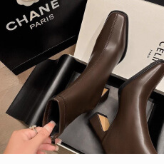 批发风法式棕色短靴女高跟粗跟后拉链方头年新款冬季韩版弹时尚百搭女