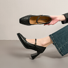 批发<b class='q'>复古</b>浅口单鞋女法式高跟玛丽珍鞋一字带小方头粗跟单鞋女