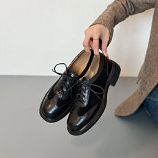 批发复古风磨砂拼接休闲鞋真皮系带厚底单鞋女春秋季舒适通勤黑色棕色