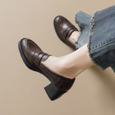 批发厚底粗跟乐福鞋2026春季新款复古一脚蹬高跟单鞋