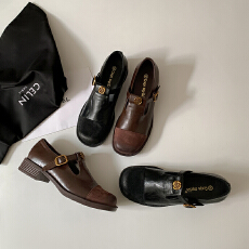 新款春季新款复古山茶花深口玛丽珍鞋女厚底粗跟一脚蹬圆头小皮鞋