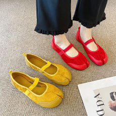 批发渐进支韩版小众休闲经典分趾猪蹄鞋复古一字带拼色绒面高级感单鞋