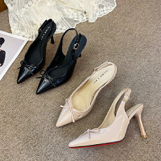 批发法式漆皮尖头细跟单鞋女蝴蝶结后空百搭气质轻熟风优雅高跟鞋凉鞋